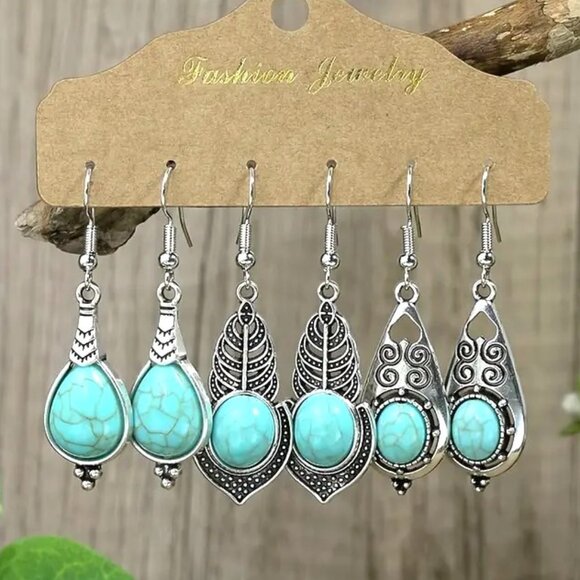 Turquoise Earrings Dangle 3pr Silver Boho Hippie Southwest Stylish Trendy Unique - Picture 1 of 2